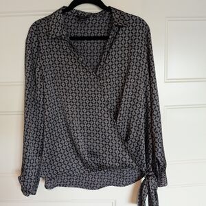 Halogen Black and Gray Wrap Blouse with Notched Collar